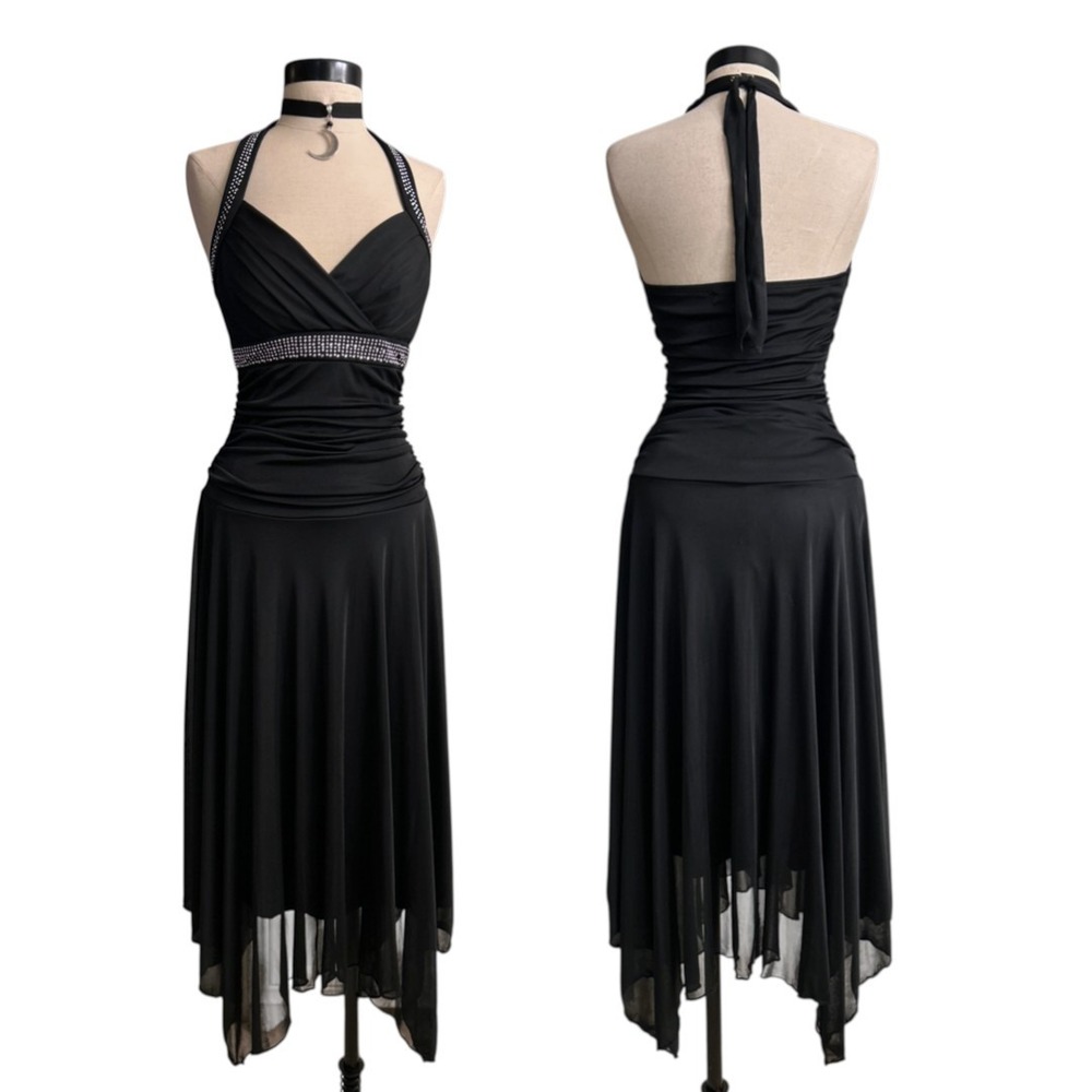 Vintage Y2K Fairycore Black Dress Halter Handkerchief Hem Formal Small